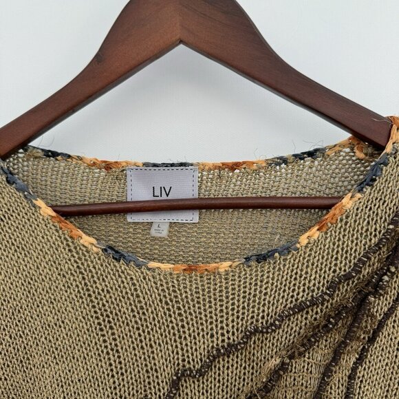 LIV Milano Women’s Boho Beige Sweater With Sequin, Mesh Embellishment Size Large - Picture 8 of 14